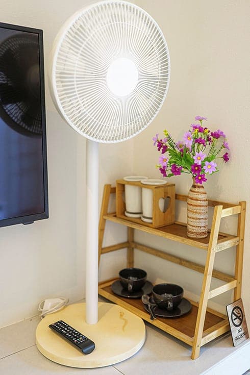 Modern Bungalow 2 — floor fan, flatscreen TV and the tea shelf